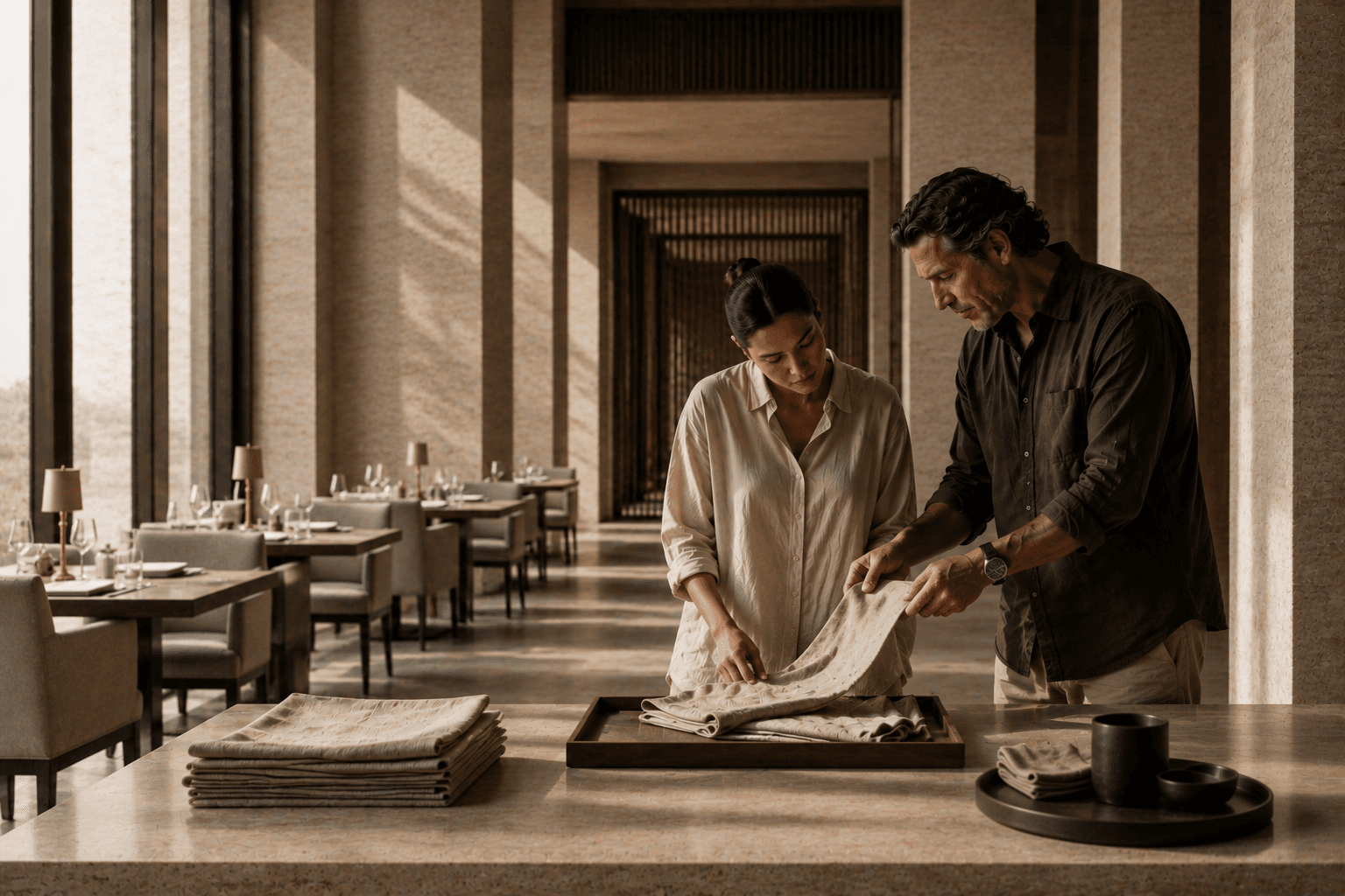 Two colleagues in a hospitality setting, hands visible in a moment of craftsmanship and knowledge transfer, set within the architectural environment they work in
