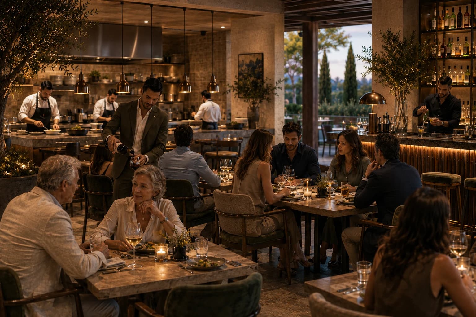 Representative editorial image of a warm hotel restaurant in service, showing guests, contemporary service, an open kitchen and an active bar