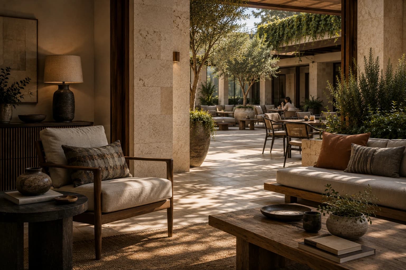 A shared hotel hospitality setting where limestone, timber, natural textiles, planting and different seating areas remain connected as one experience