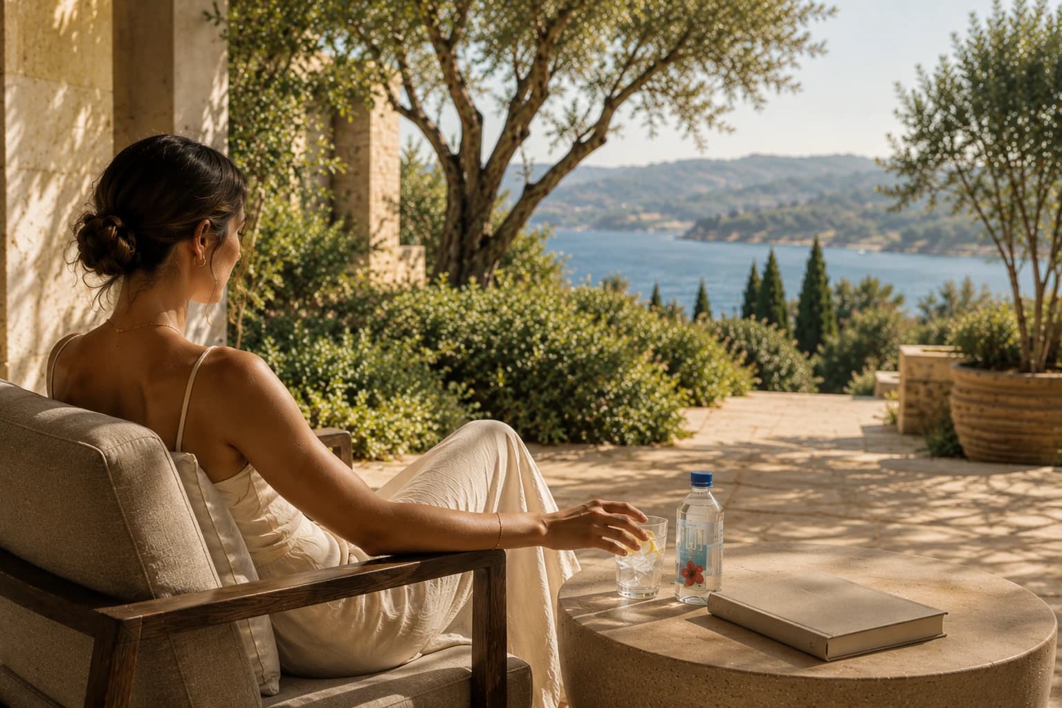 An elegant guest relaxing in a shaded Mediterranean setting beside a prepared glass with ice and lemon, expressing quiet anticipation and privacy