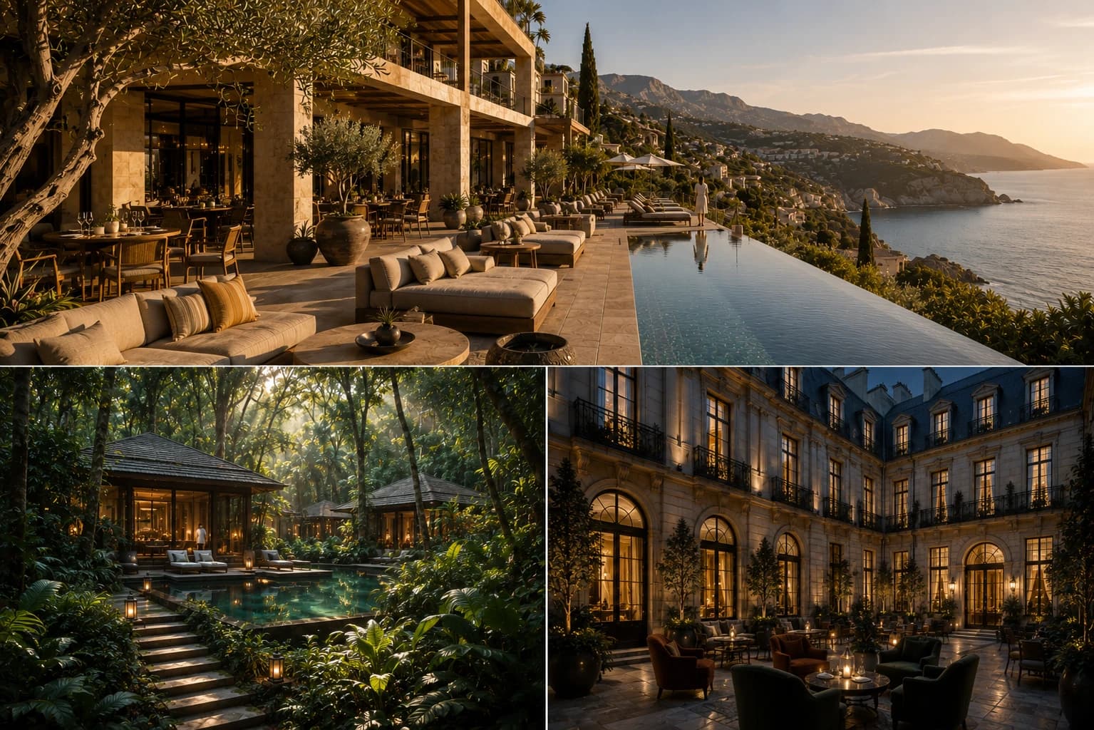 Three distinct hospitality worlds: a Mediterranean coastal hotel, a forest retreat immersed beneath canopy and a European boutique hotel at blue hour