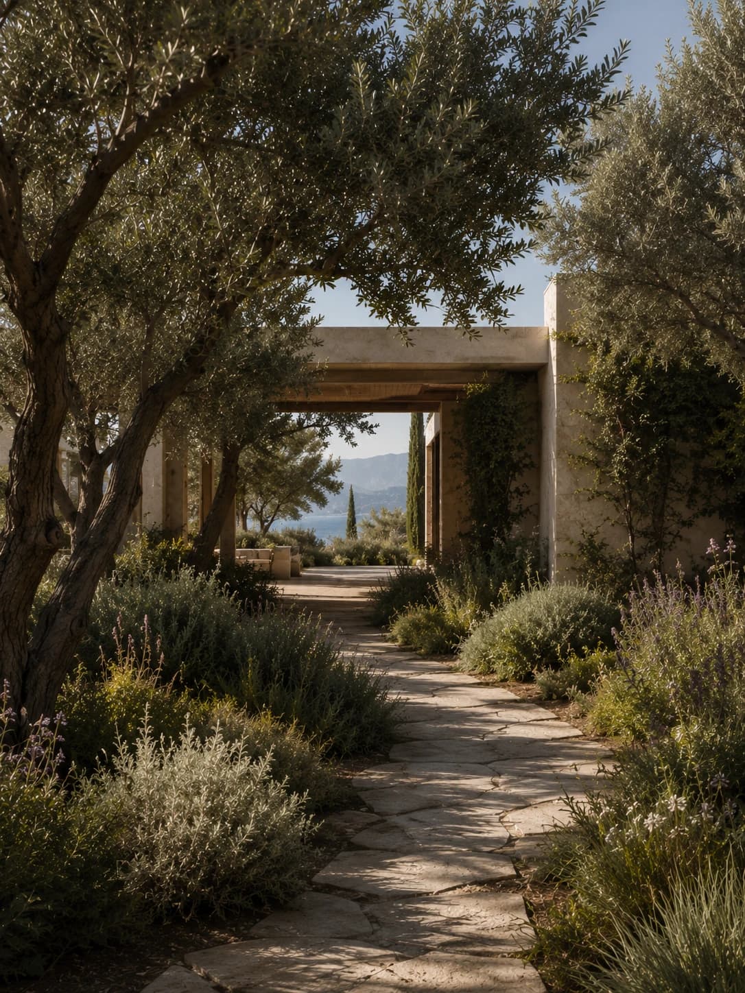 A landscaped Mediterranean pathway moving through mature planting toward restrained architecture, shade and a distant view