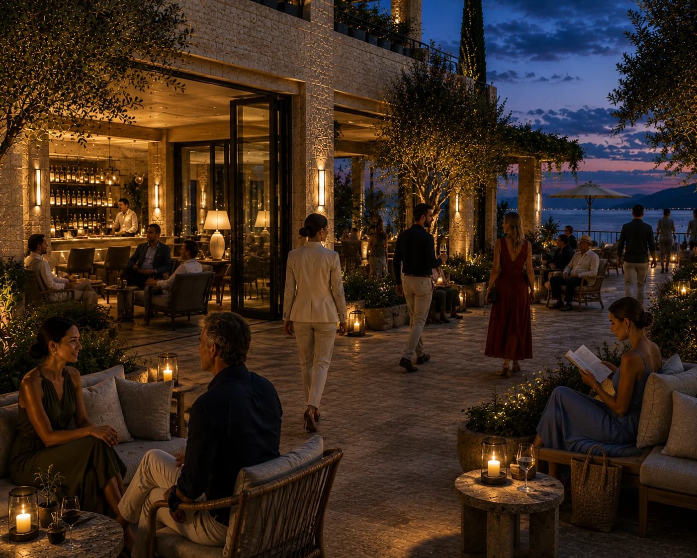 The social heart of a hotel at blue hour, with guests reading, conversing, walking and relaxing across connected indoor and outdoor spaces