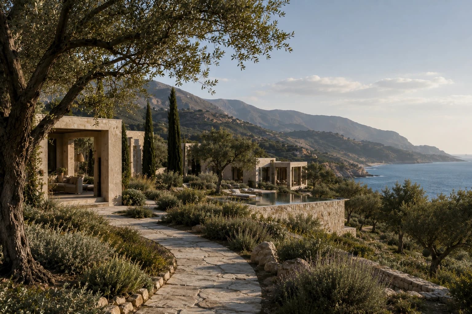 Mediterranean hospitality landscape in late-afternoon light, with mature planting and low architecture embedded naturally within the land