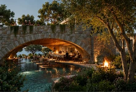 ARA conceptual vision of a culinary pavilion integrated with the central water landscape at Pissouri