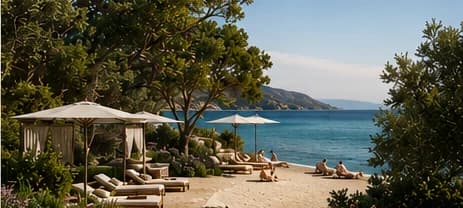 ARA conceptual vision of the Pissouri Coastal Garden transitioning through tree canopy toward the beach and Mediterranean