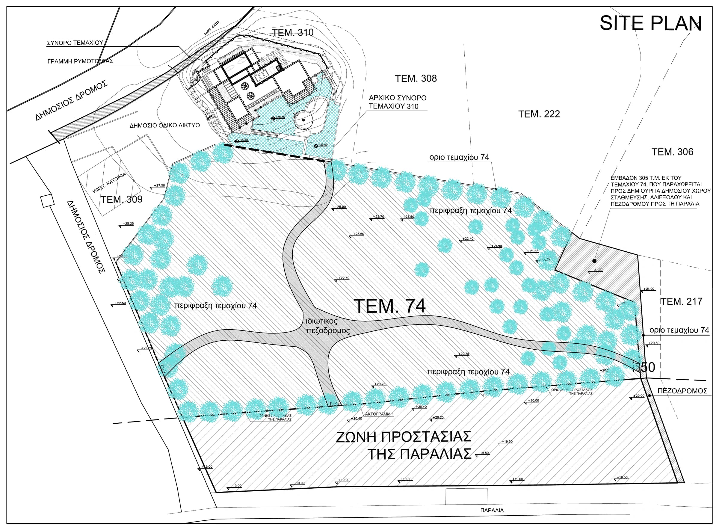 Technical site plan showing Plots 74 and 310 in Pissouri, including the coastline, beach-protection zone and access relationships