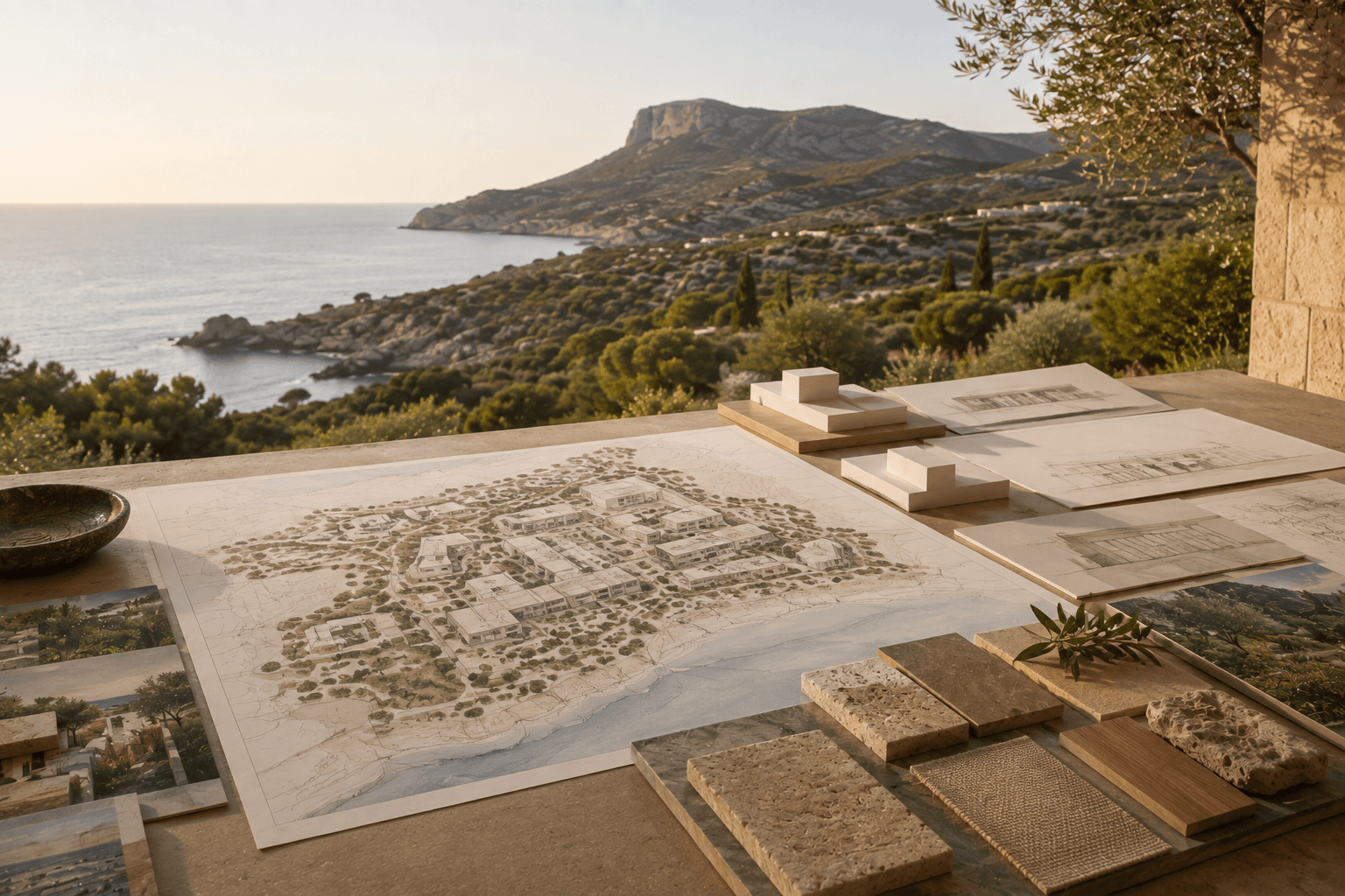 Architectural development study overlooking a Mediterranean landscape