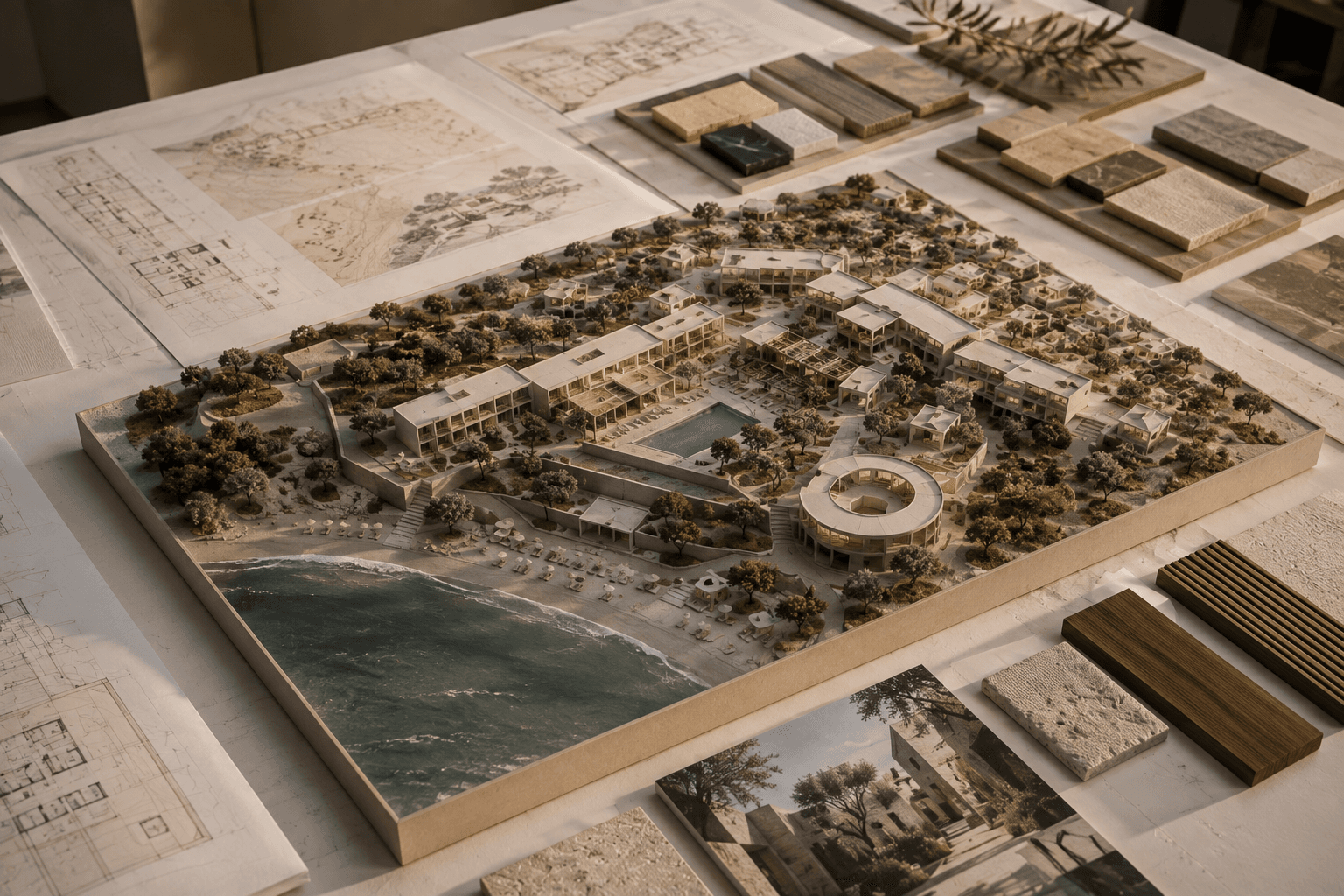 Architectural model and development studies for a hospitality property