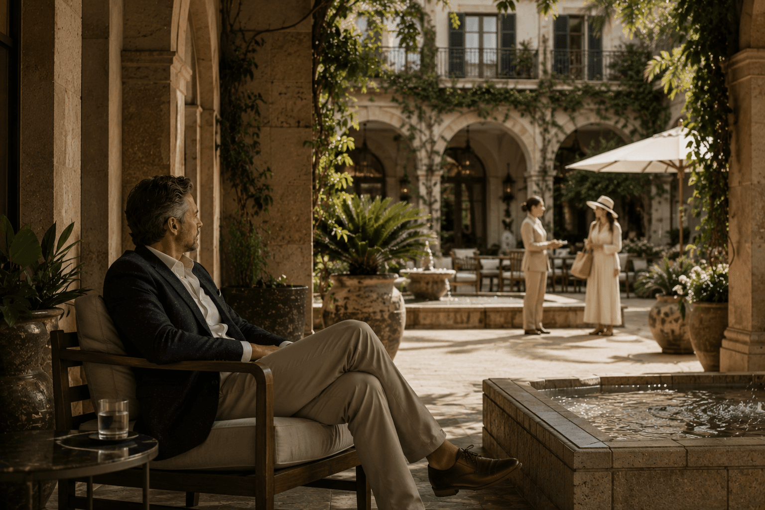 Experienced hospitality leader quietly observing an established hotel