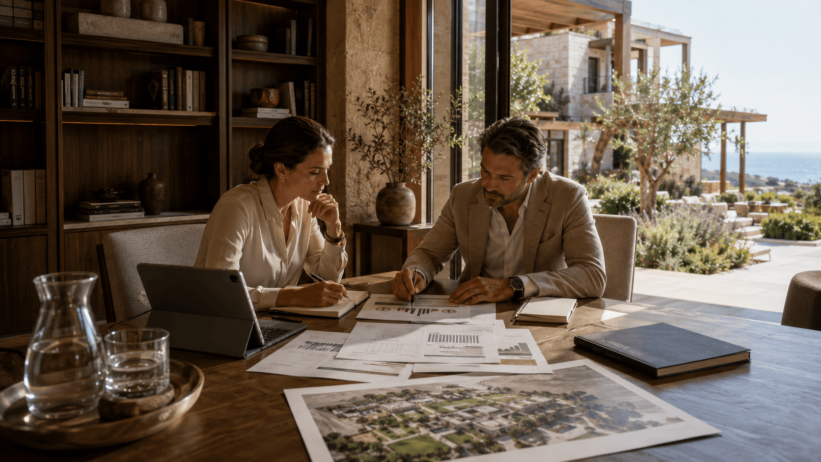 Senior hospitality leaders interpreting hotel performance within the property
