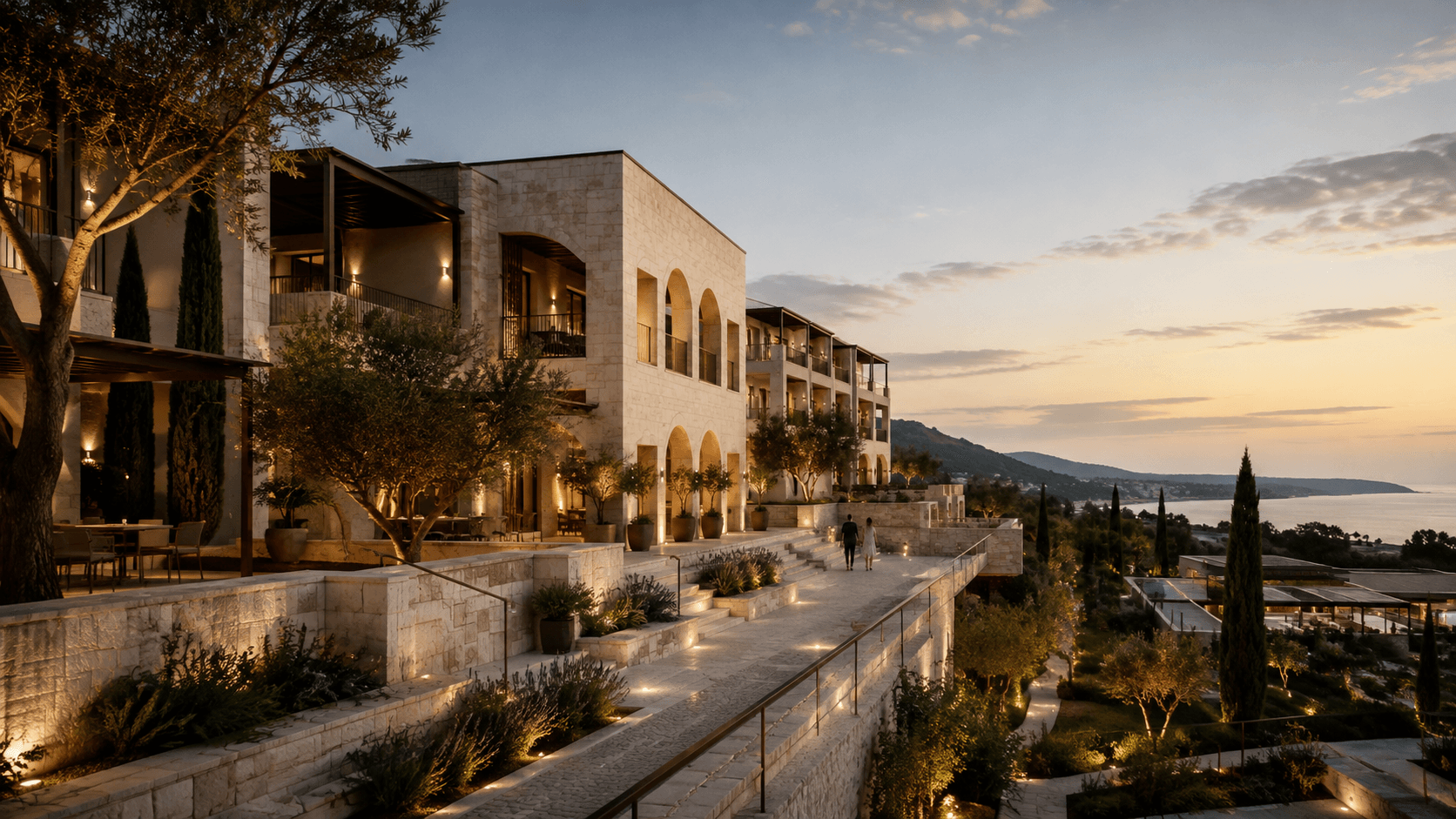 Established Mediterranean hospitality asset at dusk