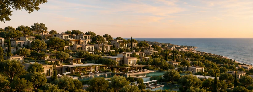 ARA conceptual aerial vision for a low-rise Mediterranean resort immersed within mature landscape in Pissouri